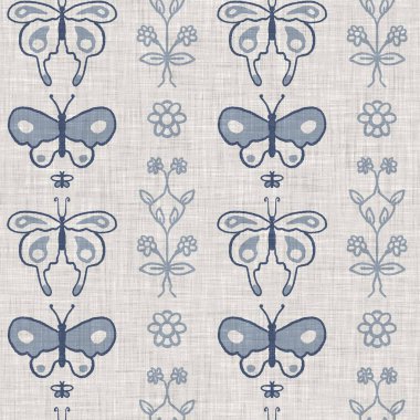 Çiftlik evi mavi kelebek keten desenli. Tonal Fransız kır evi tarzı çiftlik hayvanı geçmişi. Basit bir kırsal kumaş tekstil etkisi. Şekil verilmiş doğa, pejmürde, şık mutfak örtüsü..