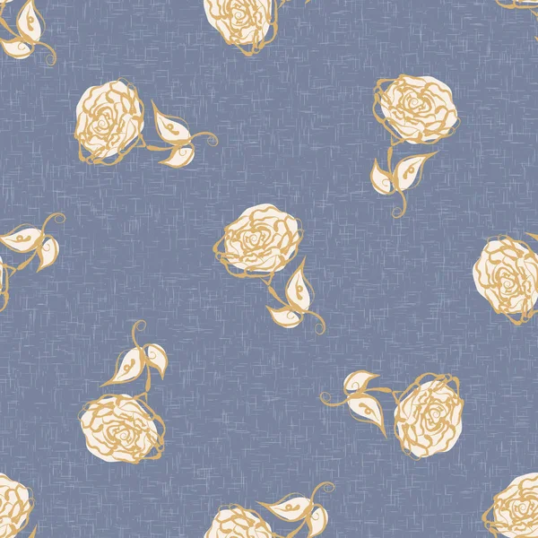 Francês azul floral linho sem costura padrão com 2 tom estilo cottage país motivo botânico. Vintage simples efeito têxtil tecido rústico. Primitivo design chique shabby moderno. — Vetor de Stock