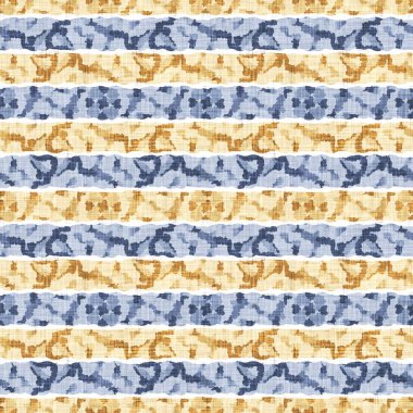 Kusursuz Fransız kırsal mutfak çizgili kumaş deseni. Mavi sarı beyaz yatay çizgili arka plan. Batik Boyası Kaynak Stili Kırsal Örgü Cottagecore Tekstili. 