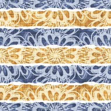 Kusursuz Fransız kırsal mutfak çizgili kumaş deseni. Mavi sarı beyaz yatay çizgili arka plan. Batik Boyası Kaynak Stili Kırsal Örgü Cottagecore Tekstili. 