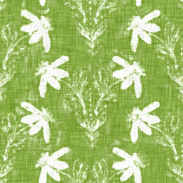 Hand drawn flower motif linen texture. Whimsical garden seamless pattern. Modern spring doodle floral nature textile for home decor. Botanical scandi style rustic green all over print. — Stock Photo, Image