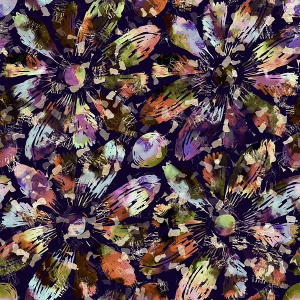 Exotische veelkleurige boho bloemen camouflage scatter print. Naadloze herfst donkere grond gedetailleerde herhaling patroon. — Stockfoto