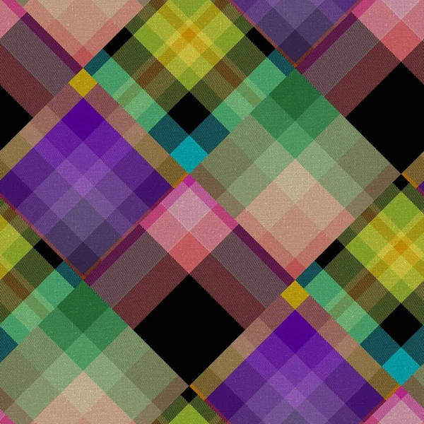 Diagonale madras patchwork geruit katoen patroon. Naadloze quiltstof effect linnen controleren achtergrond. — Stockfoto