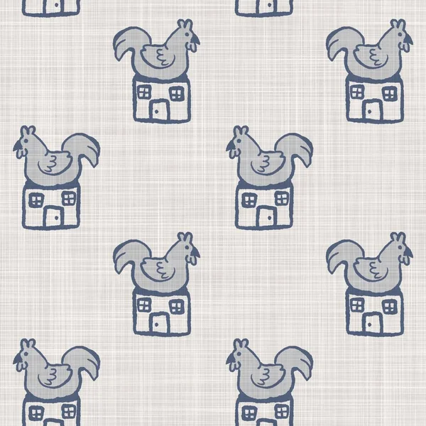 Farmhouse kék csirke tyúk vászon zökkenőmentes minta. Tonal francia vidéki ház stílusú farm állati háttér. Egyszerű vintage rusztikus textil hatás. Stilizált természet kopott elegáns konyhai ruha. — Stock Fotó