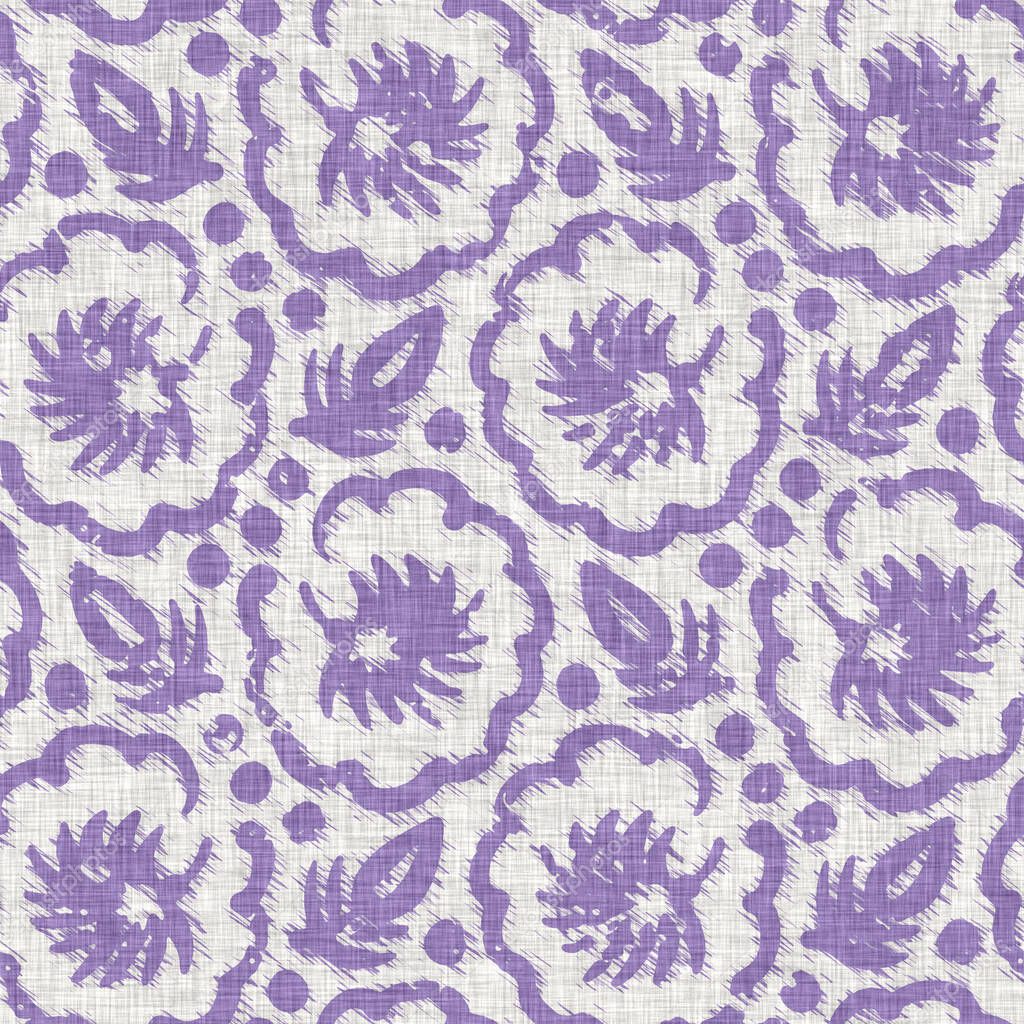 Lavender french farmhouse floral country style linen cloth background. Lilac interior design all over print. Printed textured fabric effect for Provence shabby chic textile tile swatch.