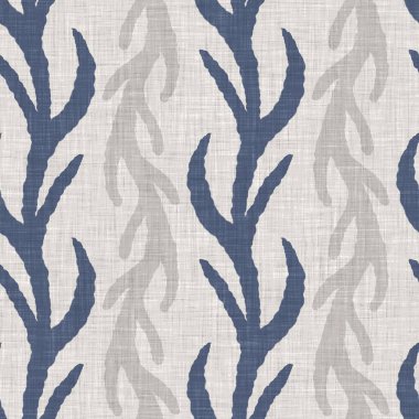 Fransız mavi botanik yaprağı keten desenli ve 2 tonluk kır evi motifli. Basit bir kırsal kumaş tekstil etkisi. İlkel, eski püskü, şık mutfak bezi tasarımı..