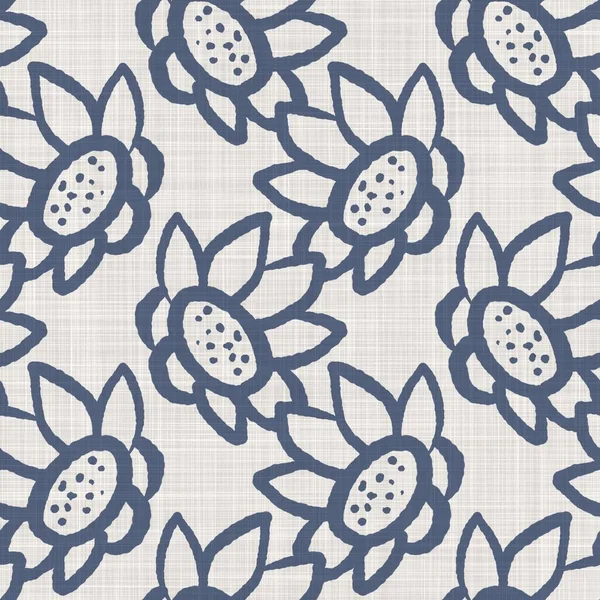 French blue floral linen seamless pattern with 2 tone country cottage style botanical motif. Simple vintage rustic fabric textile effect. Primitive modern shabby chic design. — Stock Photo, Image