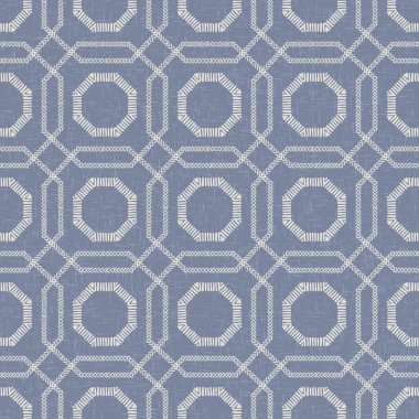 Fransız mavisi geometrik keten desenli. Tonal çiftlik evi tarzı soyut şebeke arka planı. Basit bir kırsal kumaş tekstil etkisi. İlkel, eski püskü, şık mutfak bezi tasarımı..