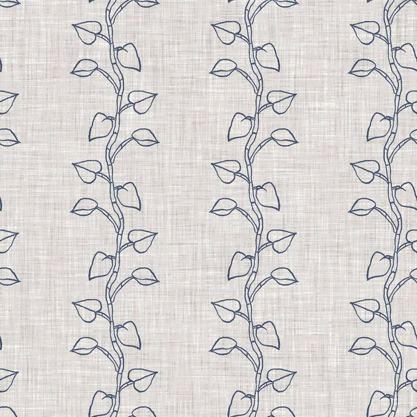 Frans blauw botanisch blad linnen naadloos patroon met 2 tone country cottage stijl motief. Eenvoudige vintage rustieke stof textiel effect. Primitief modern shabby chique keukendoek ontwerp. — Stockfoto