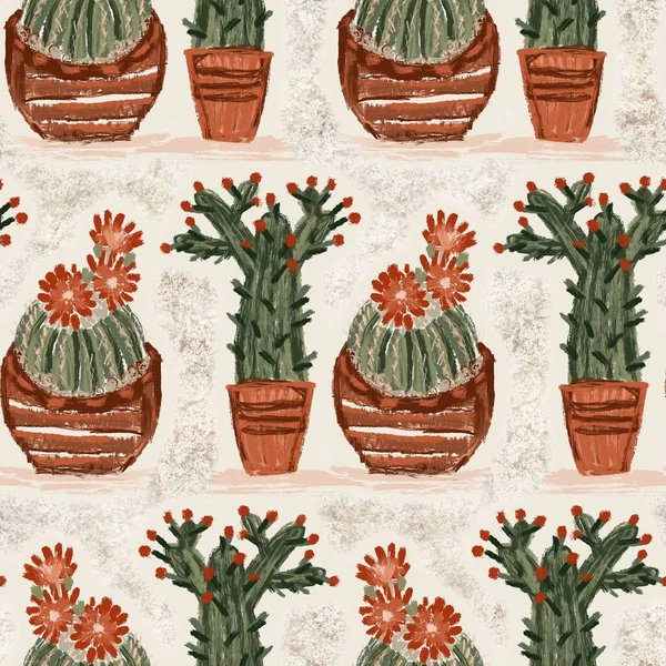 Western cactus on sand texture seamless raster pattern. Organic desert succulent plant for tileable bohemian illustration backdrop. — Stock Photo, Image