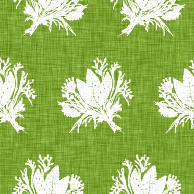 El yapımı çiçek motifli keten dokusu. Kaprisli bahçe pürüzsüz desen. Ev dekorasyonu için modern bahar karalama ürünleri. Her tarafı botanik tarama tarzı kırsal yeşil..