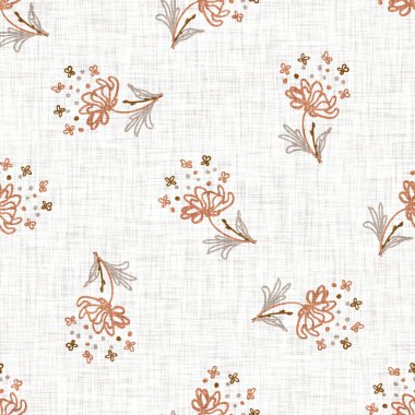 Kusursuz keten karalama çiçek desenli arka plan. Sakin boho dünya renginde duvar kağıdı. Basit modern skandi unisex çiçek tasarımı. Her yerde organik, çocuksu, cinsiyetsiz, tarafsız bir bebek var. El çizimi.