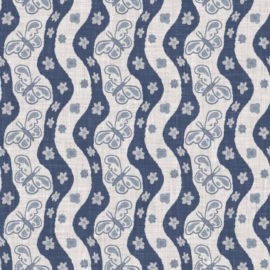 Çiftlik evi mavi kelebek keten desenli. Tonal Fransız kır evi tarzı çiftlik hayvanı geçmişi. Basit bir kırsal kumaş tekstil etkisi. Şekil verilmiş doğa, pejmürde, şık mutfak örtüsü..