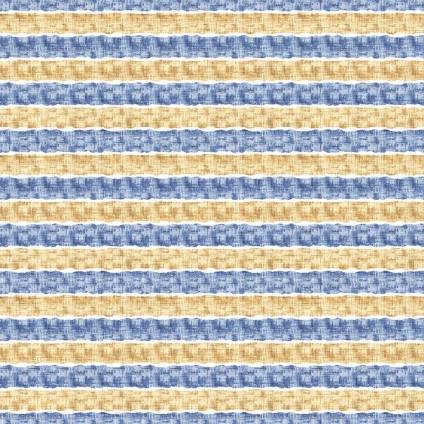 Zökkenőmentes francia ország konyha csík szövet minta nyomat. Kék sárga fehér vízszintes csíkos háttér. Batik festék provence stílus rusztikus szőtt házikó textil. — Stock Fotó