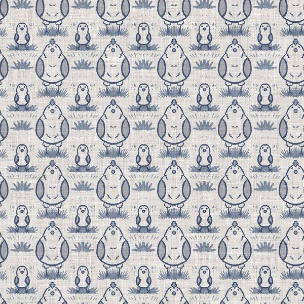 Farmhouse kék csirke tyúk vászon zökkenőmentes minta. Tonal francia vidéki ház stílusú farm állati háttér. Egyszerű vintage rusztikus textil hatás. Stilizált természet kopott elegáns konyhai ruha. — Stock Fotó