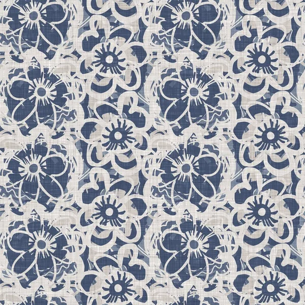 Francuski niebieski kwiat bielizny bezszwowy wzór z 2 ton stylu domek botaniczny motyw. Proste vintage tkaniny rustykalne efekt włókienniczy. Prymitywny nowoczesny, nędzny elegancki design. — Zdjęcie stockowe