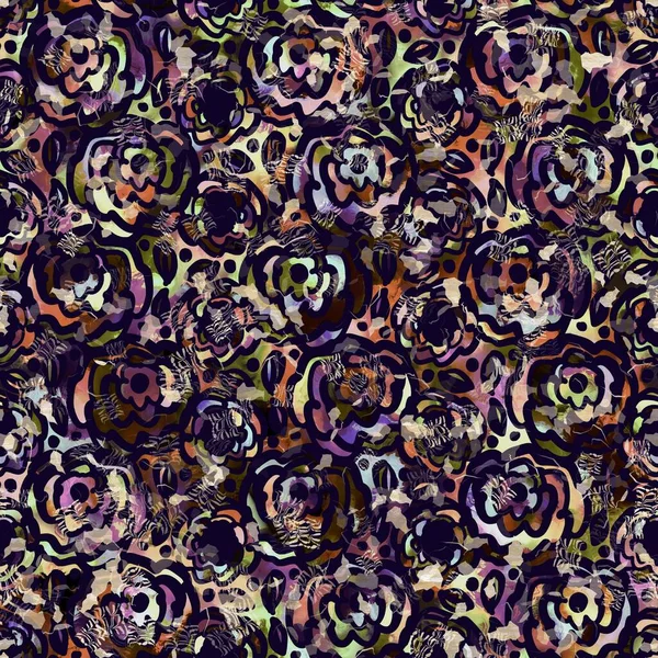 エキゾチックな多色のBohoの花迷彩散布プリント シームレスな秋の暗い地面詳細な繰り返しパターン — ストック写真