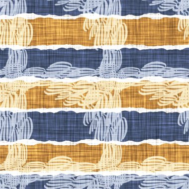 Kusursuz Fransız kırsal mutfak çizgili kumaş deseni. Mavi sarı beyaz yatay çizgili arka plan. Batik Boyası Kaynak Stili Kırsal Örgü Cottagecore Tekstili. 