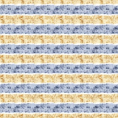 Kusursuz Fransız kırsal mutfak çizgili kumaş deseni. Mavi sarı beyaz yatay çizgili arka plan. Batik Boyası Kaynak Stili Kırsal Örgü Cottagecore Tekstili. 