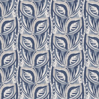 Fransız mavi botanik yaprağı keten desenli ve 2 tonluk kır evi motifli. Basit bir kırsal kumaş tekstil etkisi. İlkel, eski püskü, şık mutfak bezi tasarımı..