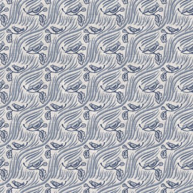 Çiftlik evi mavi kuş keten desenli. Tonal Fransız kır evi tarzı çiftlik hayvanı geçmişi. Basit bir kırsal kumaş tekstil etkisi. Şekil verilmiş doğa, pejmürde, şık mutfak örtüsü..