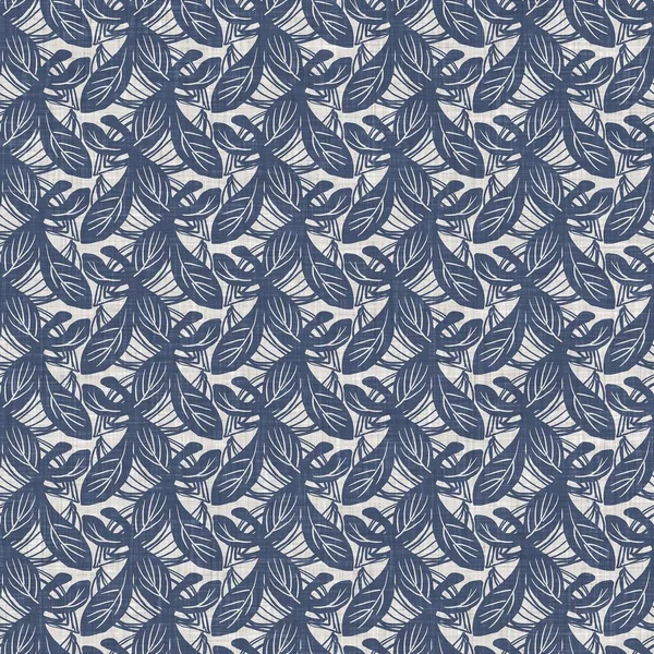 Французький синій ботанічний листовий лляний візерунок з 2-тонним мотивом кантрі-котеджу. Простий вінтажний текстильний ефект із сільської тканини. Примітивний сучасний потертий шикарний кухонний одяг. — стокове фото