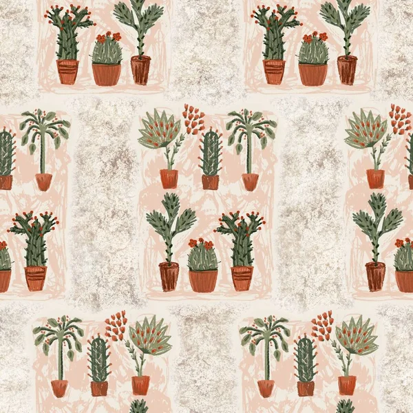 Western cactus on sand texture seamless raster pattern. Organic desert succulent plant for tileable bohemian illustration backdrop. — Stock Photo, Image