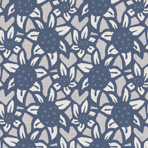 Patrón sin costura de lino floral azul francés con motivo botánico de estilo casa de campo de 2 tonos. Efecto textil rústico vintage simple. Primitivo moderno diseño chic shabby. —  Fotos de Stock
