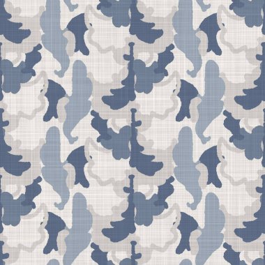 Fransız mavisi karalama motifli keten desenli. Tonal kır evi tarzı soyut karalama motifi arka planı. Basit bir kırsal kumaş tekstil etkisi. İlkel, pejmürde, şık bir kumaş..