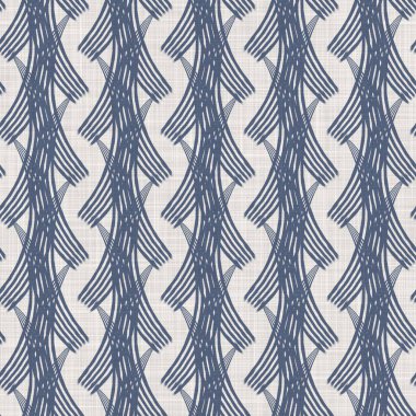 Fransız mavisi geometrik keten desenli. Tonal çiftlik evi tarzı soyut şebeke arka planı. Basit bir kırsal kumaş tekstil etkisi. İlkel, eski püskü, şık mutfak bezi tasarımı..