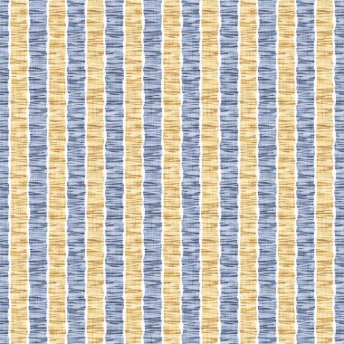 Kusursuz Fransız kırsal mutfak çizgili kumaş deseni. Mavi sarı, beyaz, dikey çizgili arka plan. Batik Boyası Kaynak Stili Kırsal Örgü Cottagecore Tekstili. 