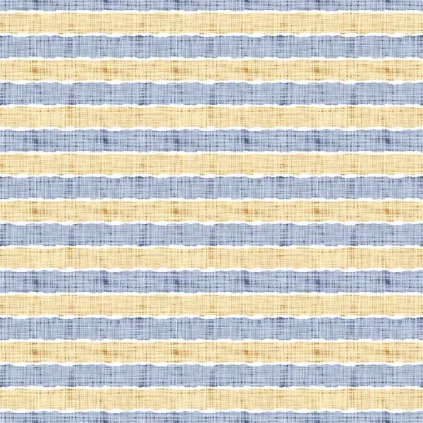 Seamless French country kitchen stripe fabric pattern print. Blue yellow white horizontal striped background. Batik dye provence style rustic woven cottagecore textile. — Stock Photo, Image