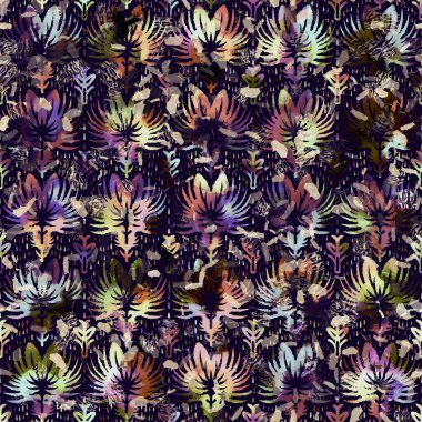 Egzotik renkli boho çiçekli kamuflaj izi. Kusursuz sonbahar koyu zemin detaylı tekrarlama deseni.