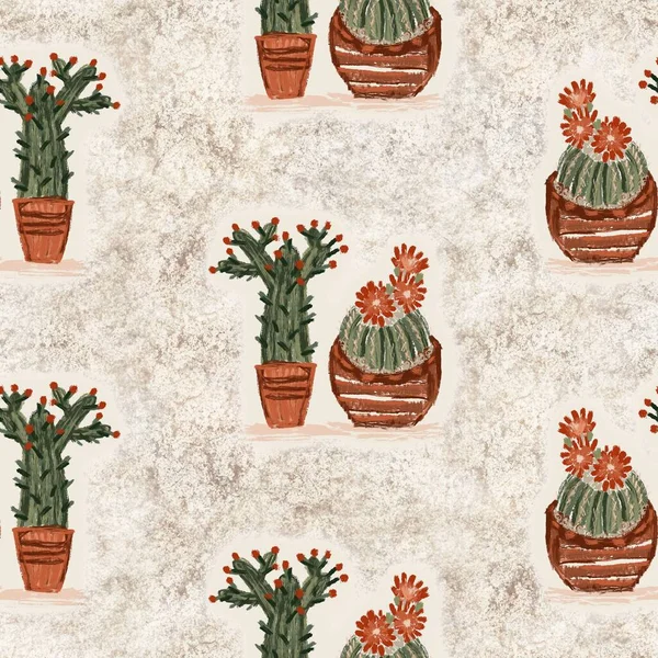 Nyugati kaktusz a homok textúra zökkenőmentes raszter minta. Szerves sivatagi zamatos növény csempe bohém illusztráció háttér. — Stock Fotó