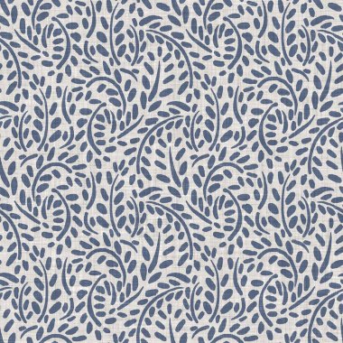 Fransız mavi botanik yaprağı keten desenli ve 2 tonluk kır evi motifli. Basit bir kırsal kumaş tekstil etkisi. İlkel, eski püskü, şık mutfak bezi tasarımı..