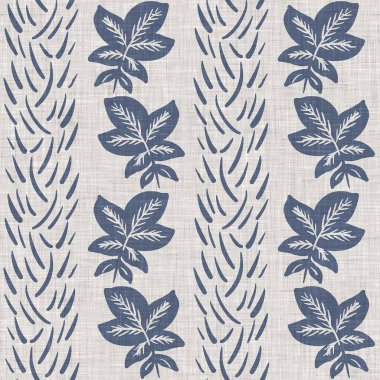 Fransız mavi botanik yaprağı keten desenli ve 2 tonluk kır evi motifli. Basit bir kırsal kumaş tekstil etkisi. İlkel, eski püskü, şık mutfak bezi tasarımı..