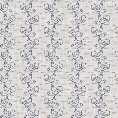 Çiftlik evi, mavi tavuk, keten kumaş, kusursuz desen. Tonal Fransız kır evi tarzı çiftlik hayvanı geçmişi. Basit bir kırsal kumaş tekstil etkisi. Şekil verilmiş doğa, pejmürde, şık mutfak örtüsü..