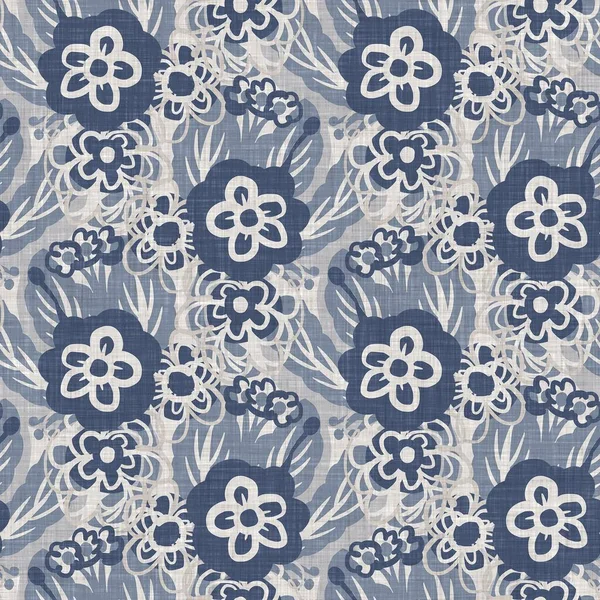 İki tonluk kır evi tarzı botanik motifli Fransız mavisi keten desenli. Basit bir kırsal kumaş tekstil etkisi. İlkel, modern, pejmürde, şık tasarım.. — Stok fotoğraf