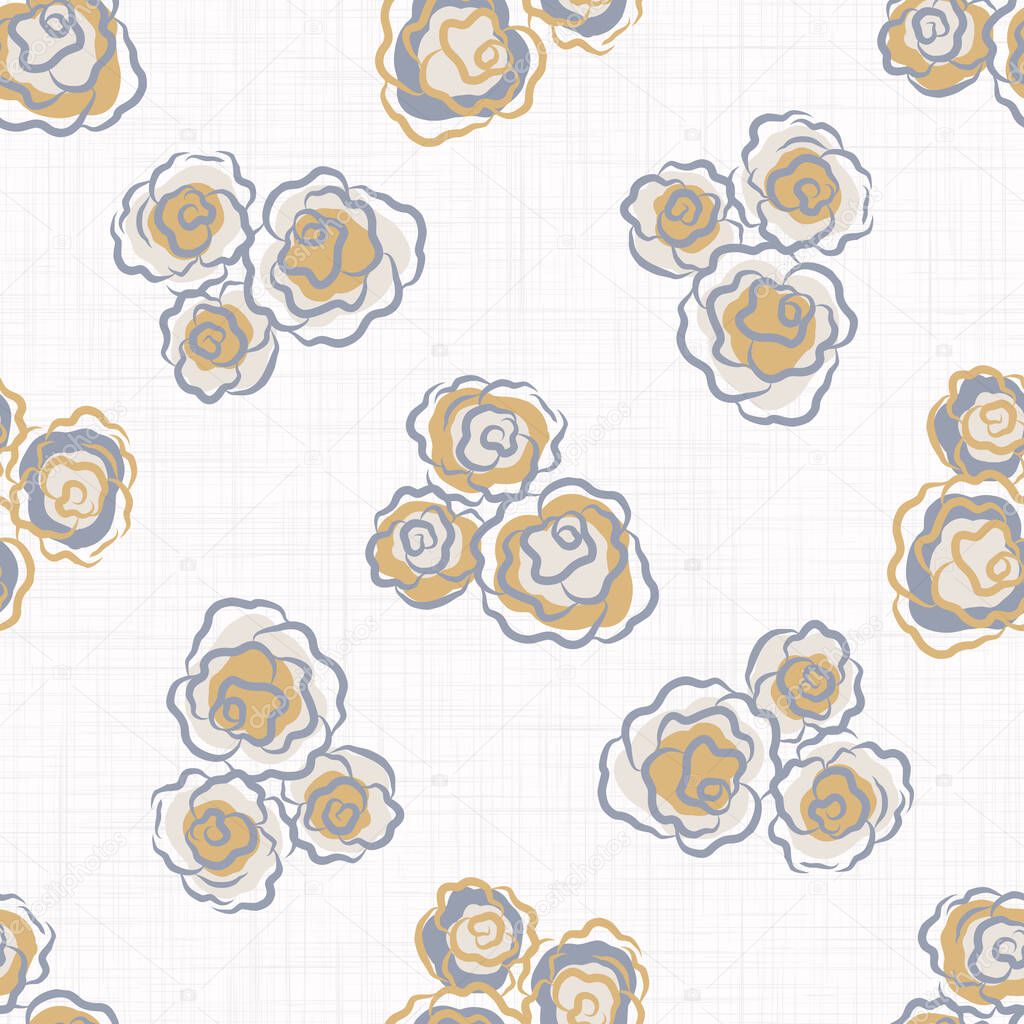  French blue floral linen seamless pattern with 2 tone country cottage style botanical motif. Simple vintage rustic fabric textile effect. Primitive modern shabby chic design.