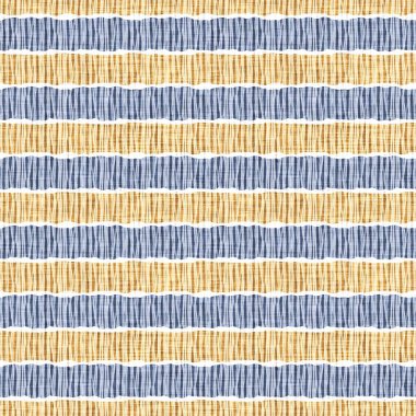 Kusursuz Fransız kırsal mutfak çizgili kumaş deseni. Mavi sarı beyaz yatay çizgili arka plan. Batik Boyası Kaynak Stili Kırsal Örgü Cottagecore Tekstili. 
