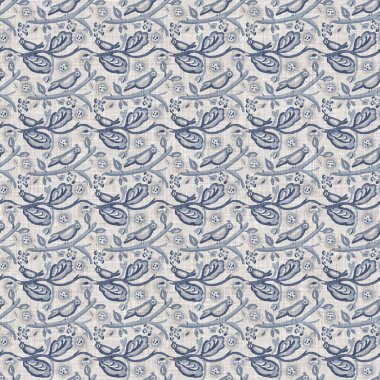 Çiftlik evi mavi kuş keten desenli. Tonal Fransız kır evi tarzı çiftlik hayvanı geçmişi. Basit bir kırsal kumaş tekstil etkisi. Şekil verilmiş doğa, pejmürde, şık mutfak örtüsü..