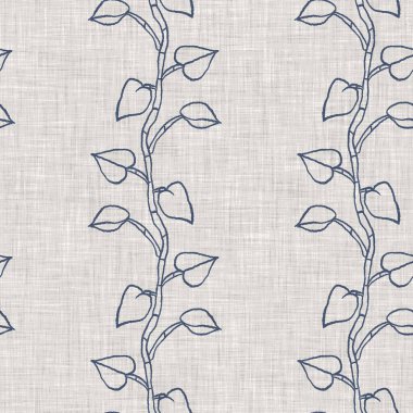 Fransız mavi botanik yaprağı keten desenli ve 2 tonluk kır evi motifli. Basit bir kırsal kumaş tekstil etkisi. İlkel, eski püskü, şık mutfak bezi tasarımı..