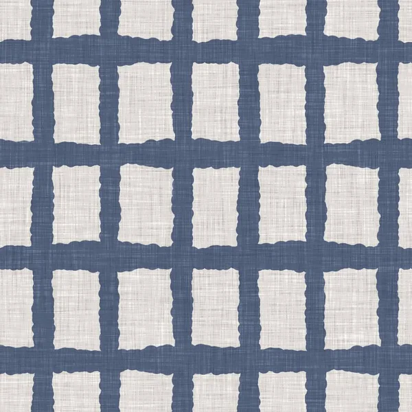 Frans blauw geometrische linnen naadloos patroon. tonale boerderij cottage stijl abstract raster achtergrond. Eenvoudige vintage rustieke stof textiel effect. Primitief modern shabby chique keukendoek ontwerp. — Stockfoto
