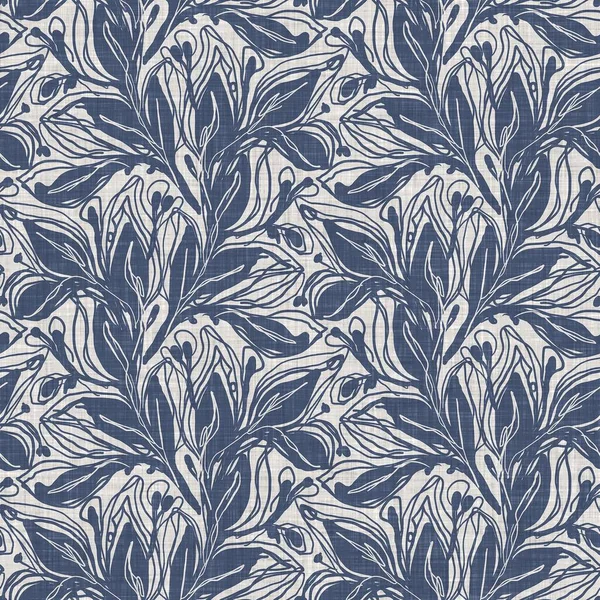 Французский синий ботанический льняной лист безseamless узор с 2 тонами кантри-стиля. Простой старинный деревенский текстильный эффект. Первобытная современная потрёпанная шикарная кухонная ткань. — стоковое фото