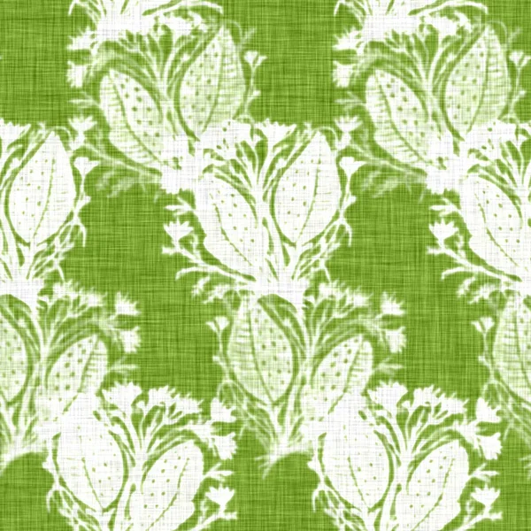 Hand drawn flower motif linen texture. Whimsical garden seamless pattern. Modern spring doodle floral nature textile for home decor. Botanical scandi style rustic green all over print. — Stock Photo, Image