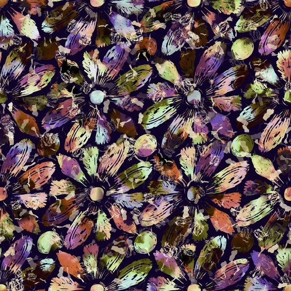 Egzotik renkli boho çiçekli kamuflaj izi. Kusursuz sonbahar koyu zemin detaylı tekrarlama deseni. — Stok fotoğraf