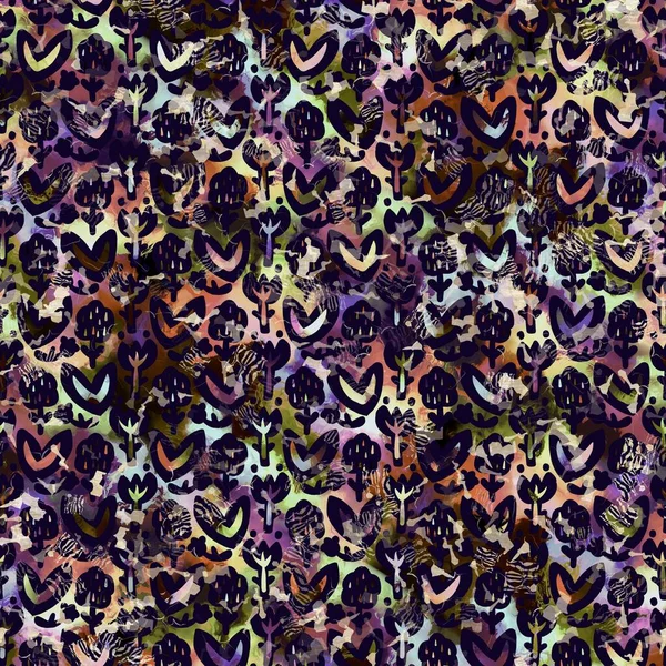 Exotic multicoloured boho floral camouflage scatter print. Seamless autumnal dark ground detailed repeat pattern. — Stock Photo, Image