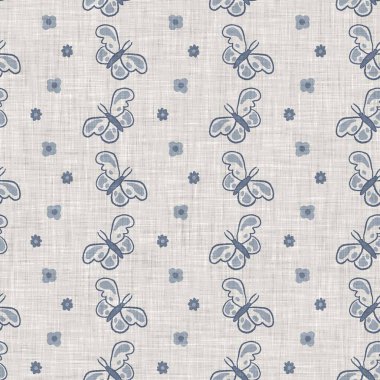 Çiftlik evi mavi kelebek keten desenli. Tonal Fransız kır evi tarzı çiftlik hayvanı geçmişi. Basit bir kırsal kumaş tekstil etkisi. Şekil verilmiş doğa, pejmürde, şık mutfak örtüsü..