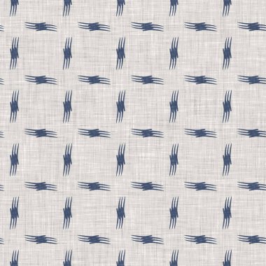 Fransız mavisi geometrik keten desenli. Tonal çiftlik evi tarzı soyut şebeke arka planı. Basit bir kırsal kumaş tekstil etkisi. İlkel, eski püskü, şık mutfak bezi tasarımı..