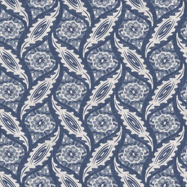 Fransız mavi botanik yaprağı keten desenli ve 2 tonluk kır evi motifli. Basit bir kırsal kumaş tekstil etkisi. İlkel, eski püskü, şık mutfak bezi tasarımı..